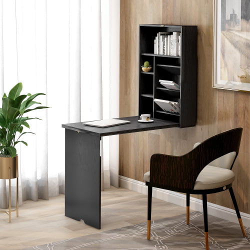 Wall Mounted Foldable Table Desk Multi-Functional Wooden Cabinet Brown